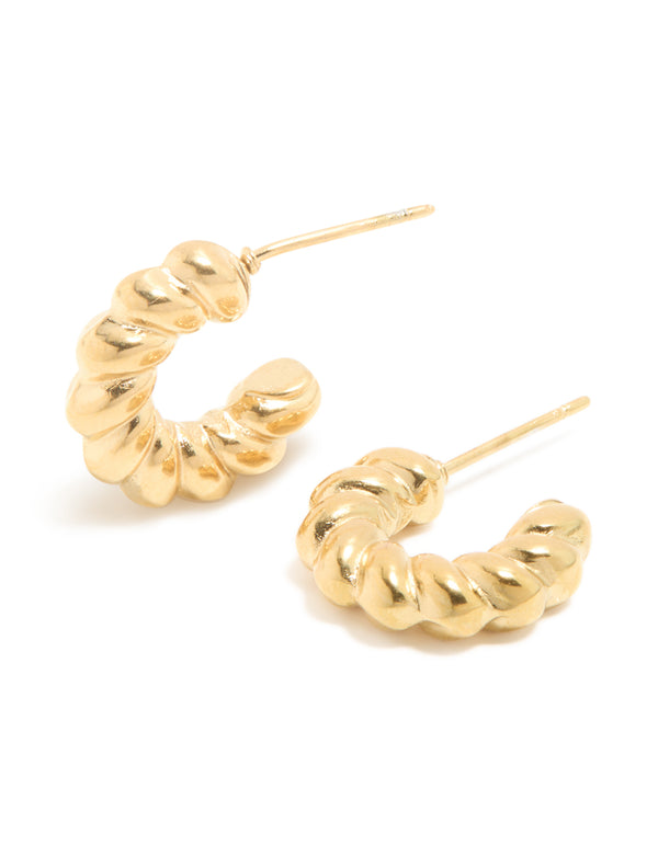 Showcasing waterproof gold plated stainless steel mini twisted open hoop earrings in gold front view