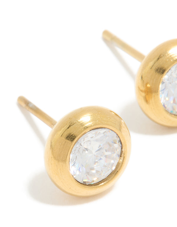 Crafted from waterproof gold plated stainless steel cubic zirconia bezel stud earrings with round stone cut close up view