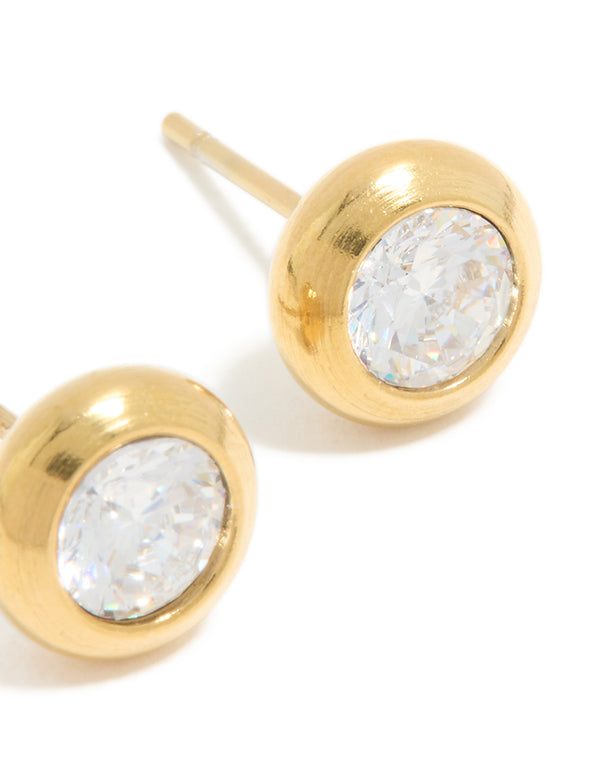Highlighting waterproof gold plated stainless steel cubic zirconia bezel stud earrings with round stone cut and post closure detail view