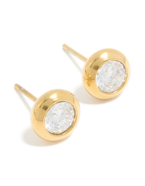 Featuring waterproof gold plated stainless steel cubic zirconia bezel stud earrings with round stone cut in a bezel setting front view