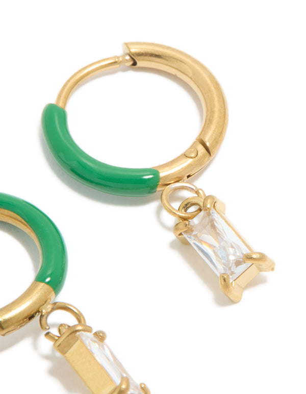 Highlighting waterproof gold plated stainless steel emerald green enamel cubic zirconia huggie earrings post detail view