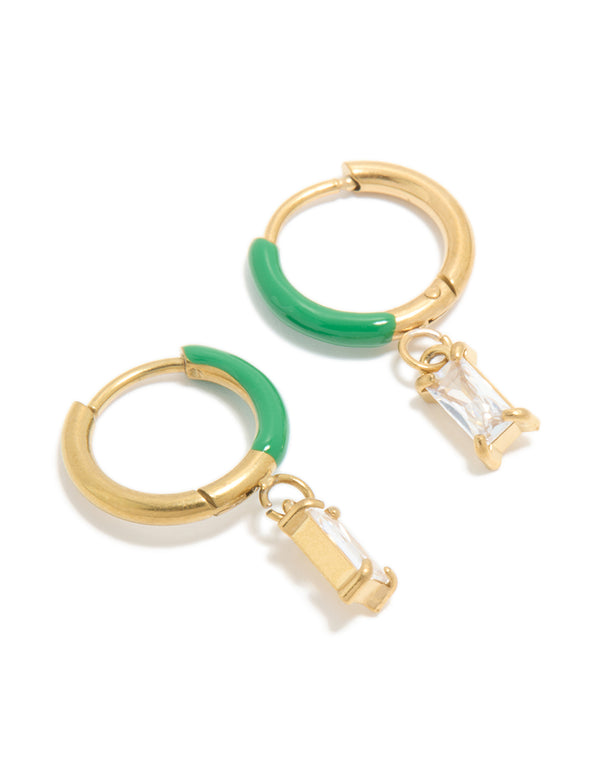 Showcasing waterproof gold plated stainless steel emerald green enamel cubic zirconia huggie earrings front view