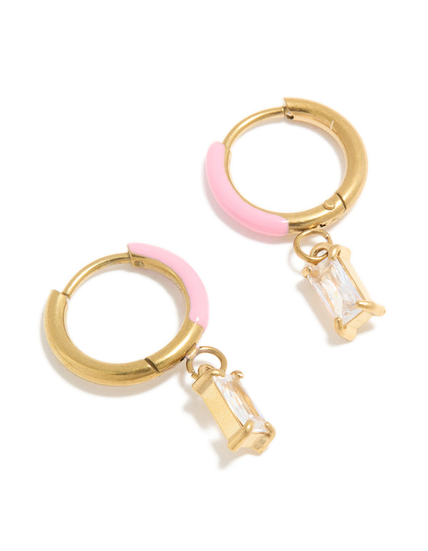 Showcasing waterproof gold plated stainless steel pink enamel cubic zirconia charm huggie earrings front view