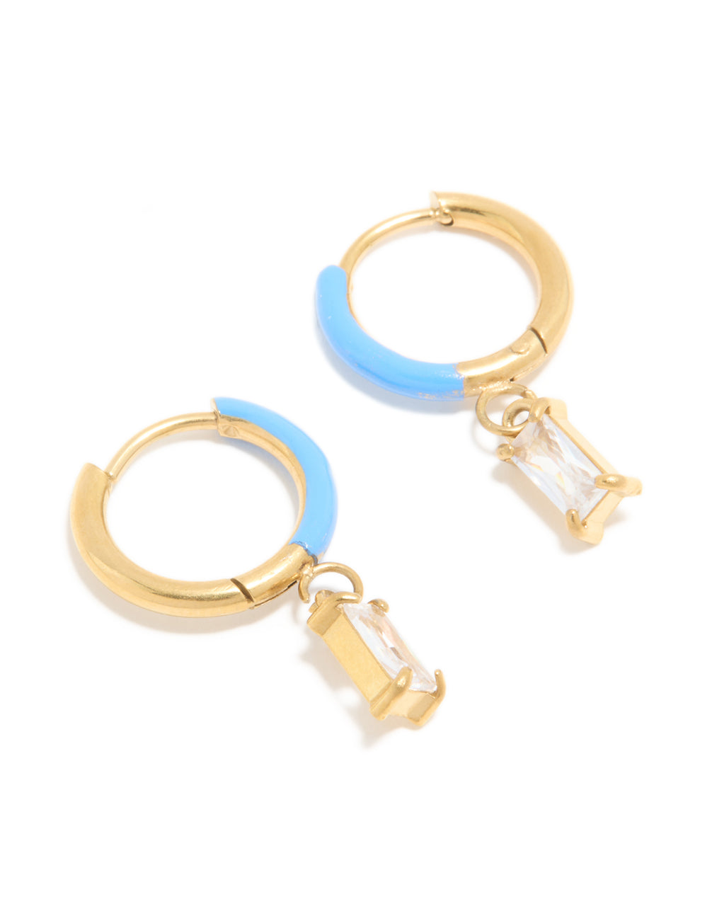Showcasing waterproof huggie earrings with sky blue enamel, cubic zirconia charm, crafted from stainless steel in a front view