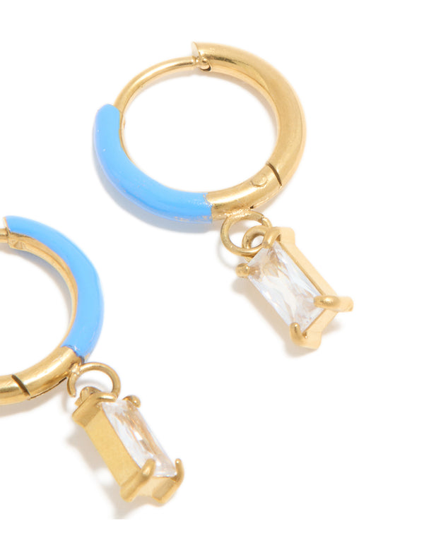 Waterproof Gold Plated Stainless Steel Light Blue Enamel Cubic Zirconia Charm Huggie Earrings