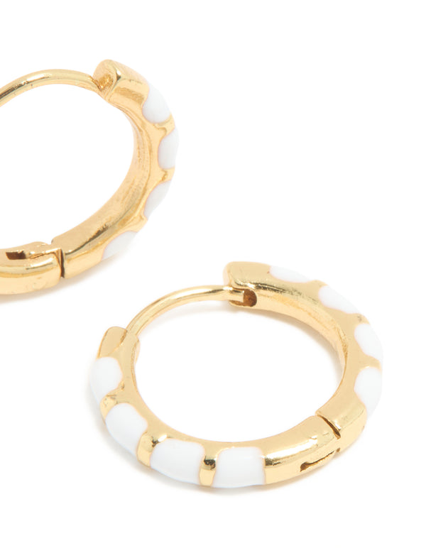 Waterproof gold plated stainless steel white enamel bamboo huggie earrings post detail view