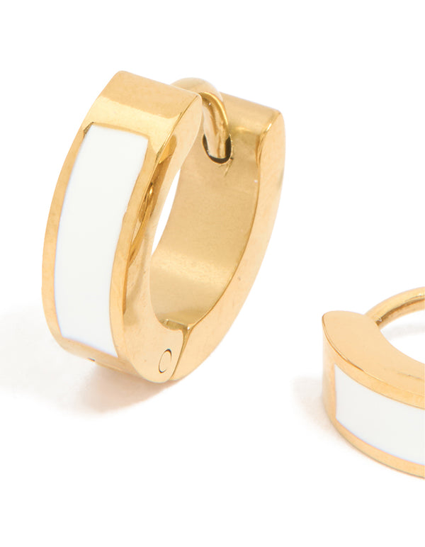 Waterproof Gold Plated Stainless Steel Small White Enamel Inlay Huggie Earrings