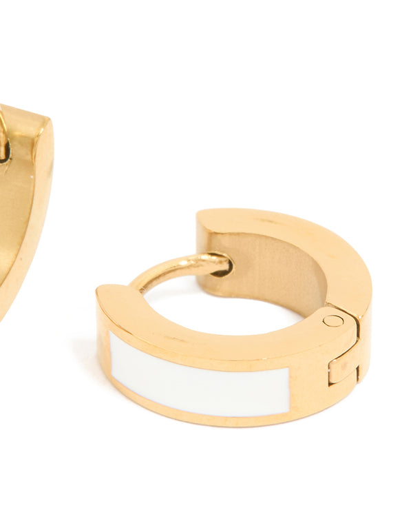 Highlighting waterproof gold plated stainless steel small white enamel inlay huggie earrings post detail view