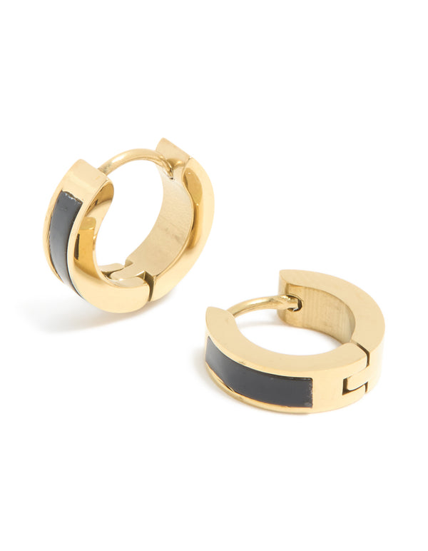 Waterproof Gold Plated Stainless Steel Small Black Enamel Inlay Huggie Earrings