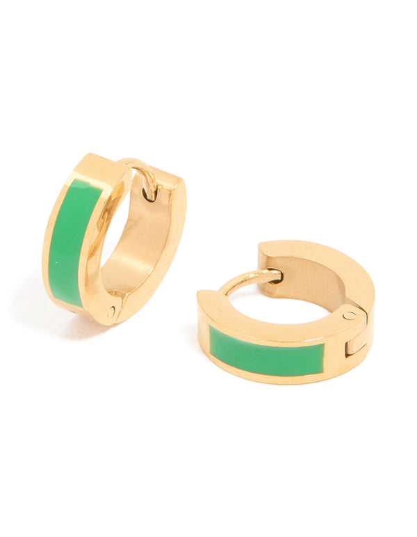 Showcasing waterproof small green enamel inlay huggie earrings in gold plated stainless steel front view