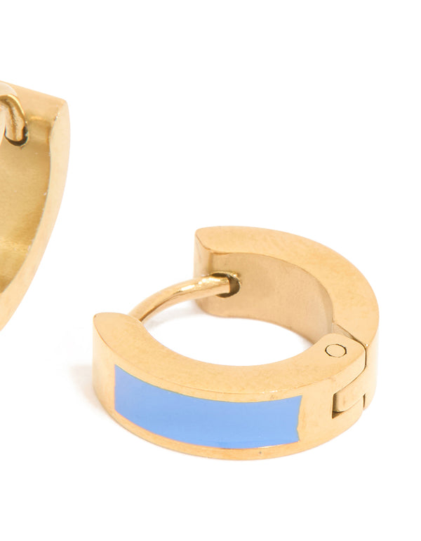 Presenting small waterproof blue enamel inlay huggie earrings in gold plated stainless steel with hinge closure post detail view