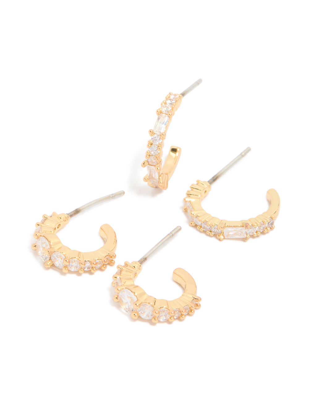 Gold Plated Brass Mixed Cut Cubic Zirconia Open Hoop Earrings 2-Pack