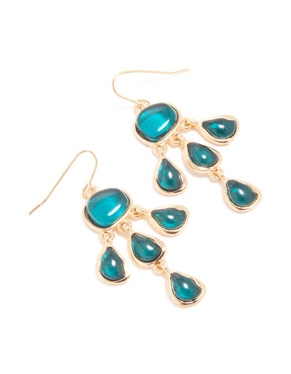 Gold Teal Stone 3 Layered Drop Earrings