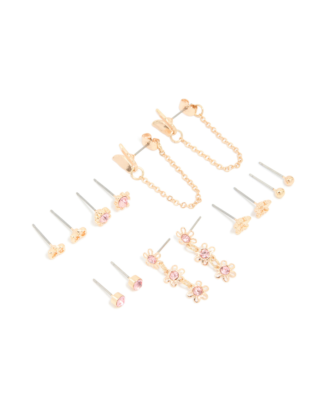Gold Pink Diamante Studs & Butterfly Chain Earrings 7-Pack