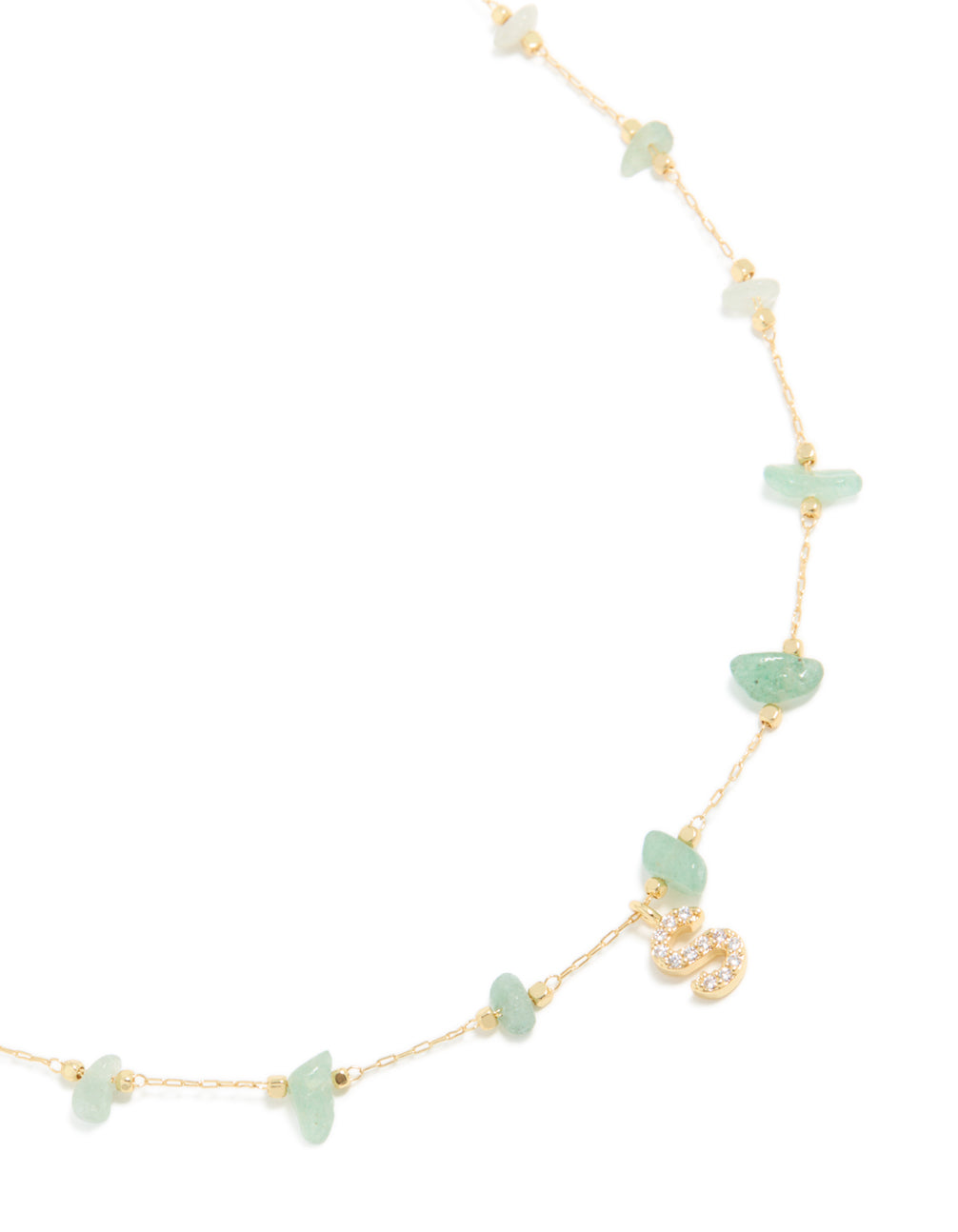 Gold Plated Green Aventurine Semi Precious Stone Cubic Zirconia Letter S Necklace