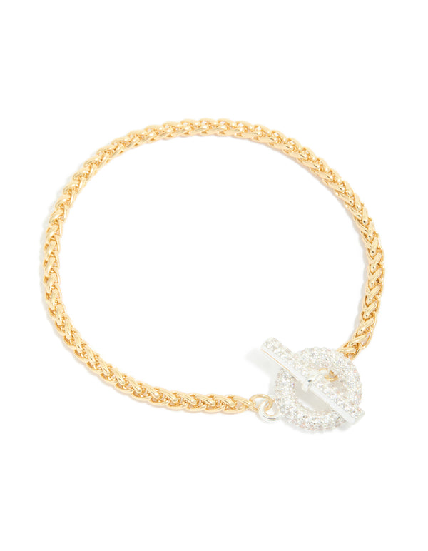 Elegant mixed metal plated cubic zirconia T and O chain bracelet featuring gold links with silver toggle closure front view