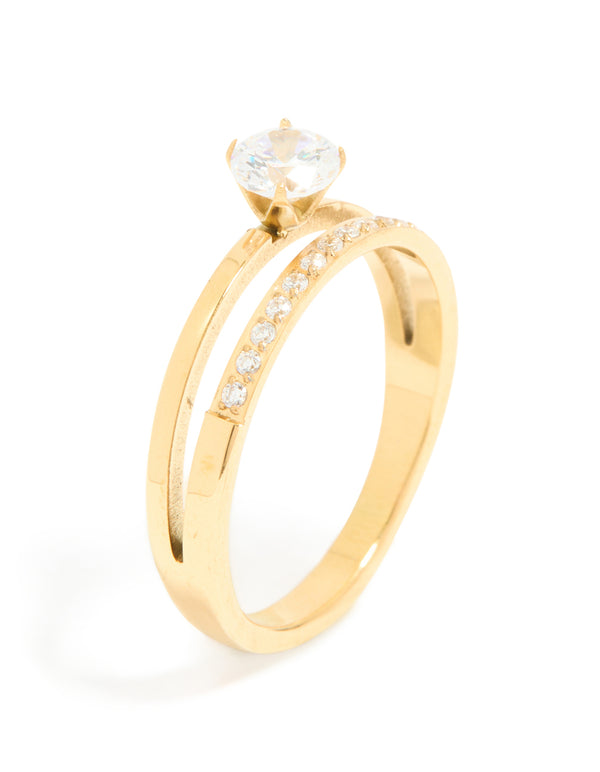 Beautifully crafted waterproof gold plated stainless steel dainty cubic zirconia double layered ring showcasing the setting and clarity of clear stones close up view