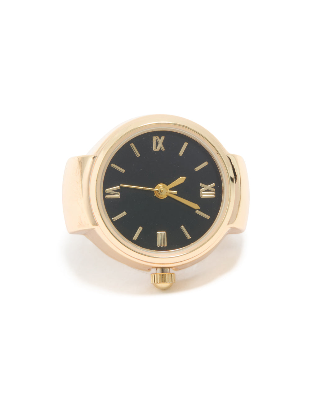 Presenting a statement watch ring in gold with roman numerals and black dial front view