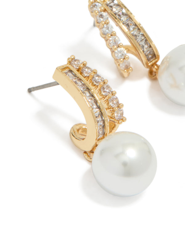Gold Plated Cubic Zirconia Illusion Pearl Drop Earrings