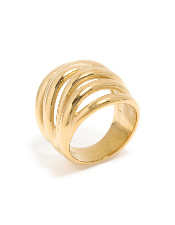 Crafted from waterproof gold plated stainless steel, this bold stacked line ring features statement design side detail view
