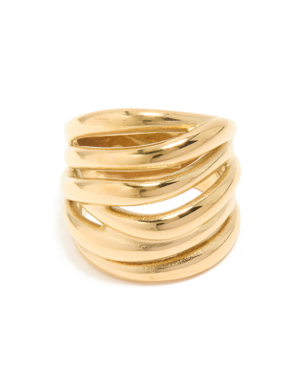 Explore a waterproof gold plated stainless steel bold stacked line ring with statement styling close up view