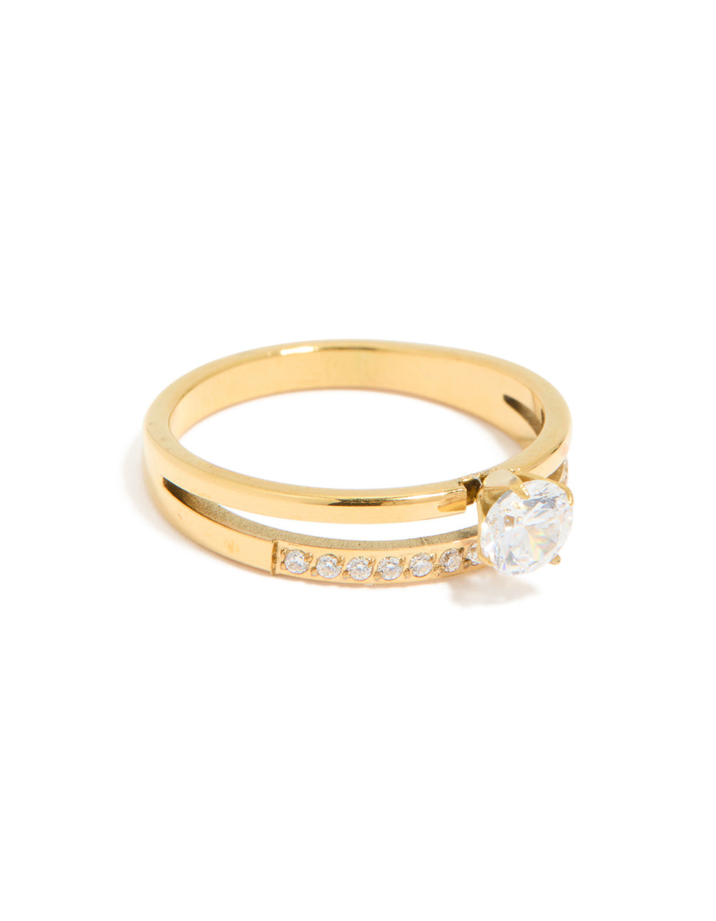Showcasing a waterproof gold plated stainless steel dainty cubic zirconia double layered ring in a side detail view
