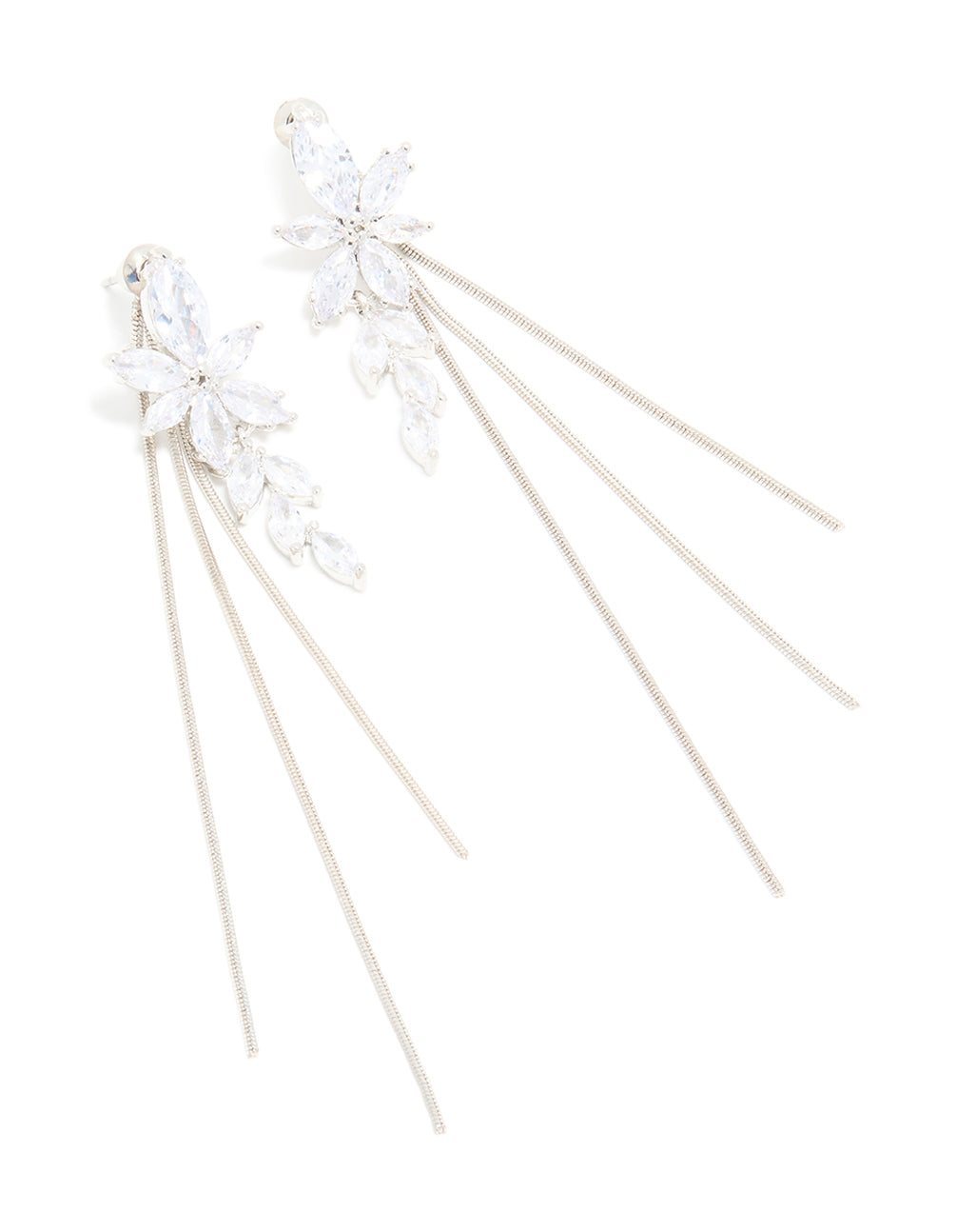 Silver Diamante Flower Triple Chain Drop Earrings