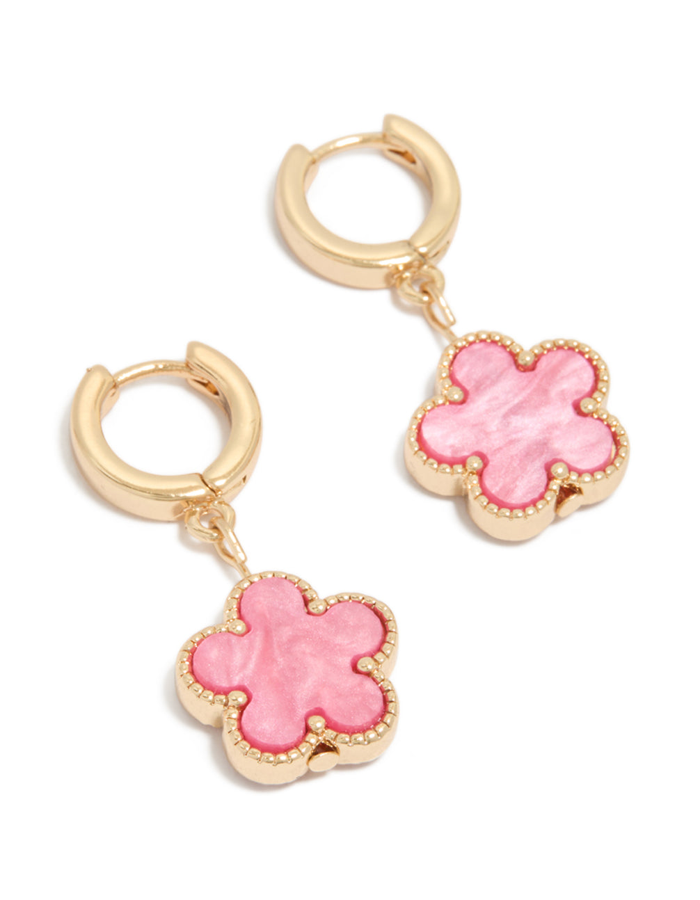 Beautifully crafted featuring floral drop earrings in pink with huggie closure front view