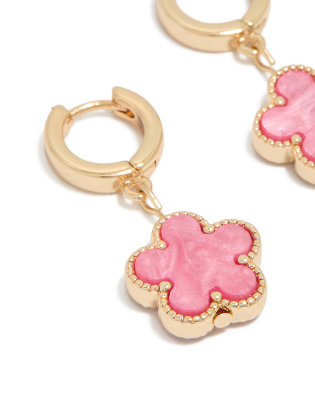 Featuring floral drop earrings in pink and gold, these huggie earrings showcase close up view