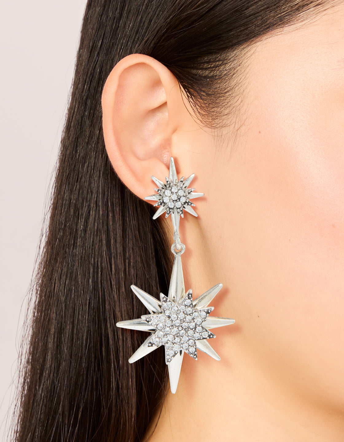 Antique Silver Diamante Asymetrical Star & Moon Drop Earrings