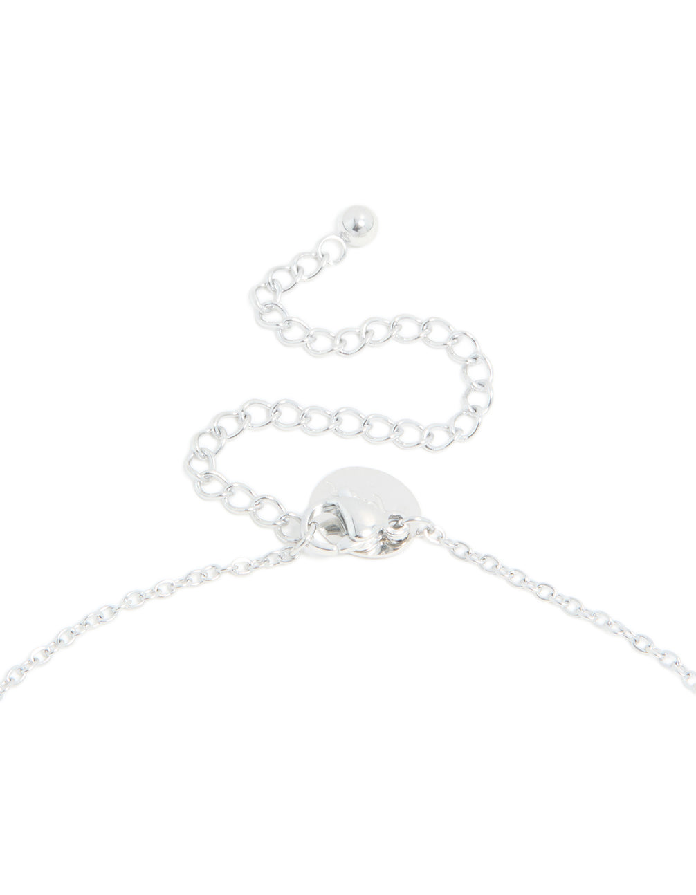 Highlighting the waterproof stainless steel mini bubble letter A necklace with initial pendant in silver clasp detail view