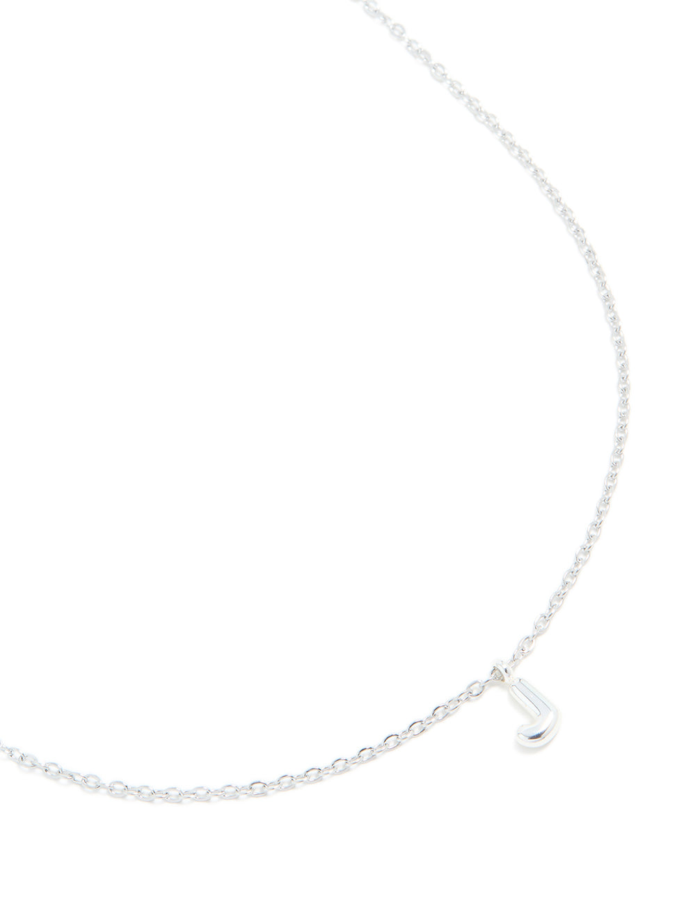 Showcasing a waterproof stainless steel mini bubble letter J necklace with featuring initial pendant in silver close up view