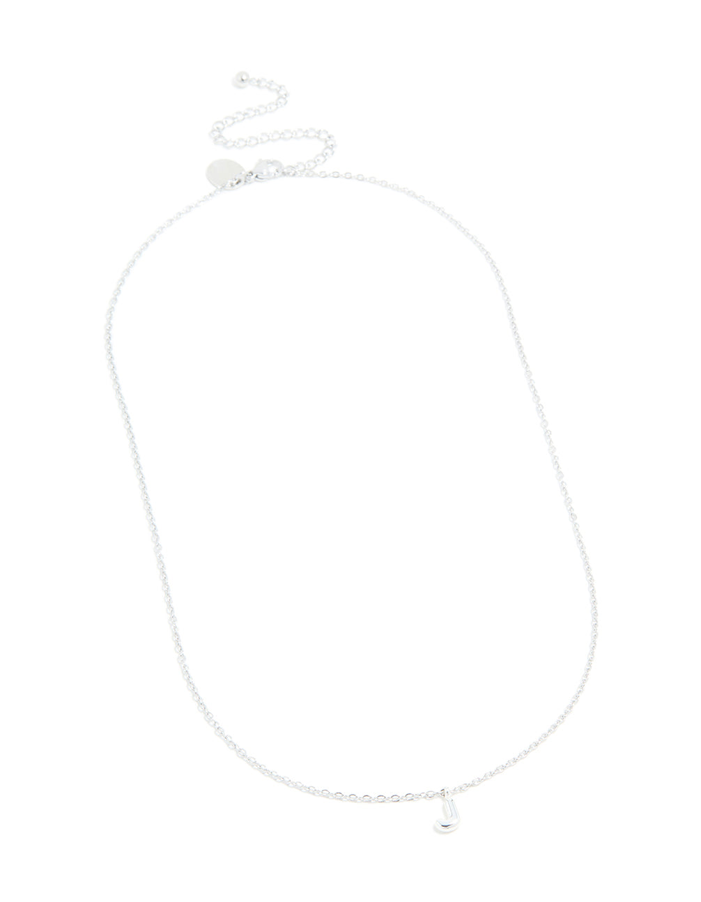 Showcasing a waterproof stainless steel mini bubble letter J necklace with featuring initial pendant in silver close up view
