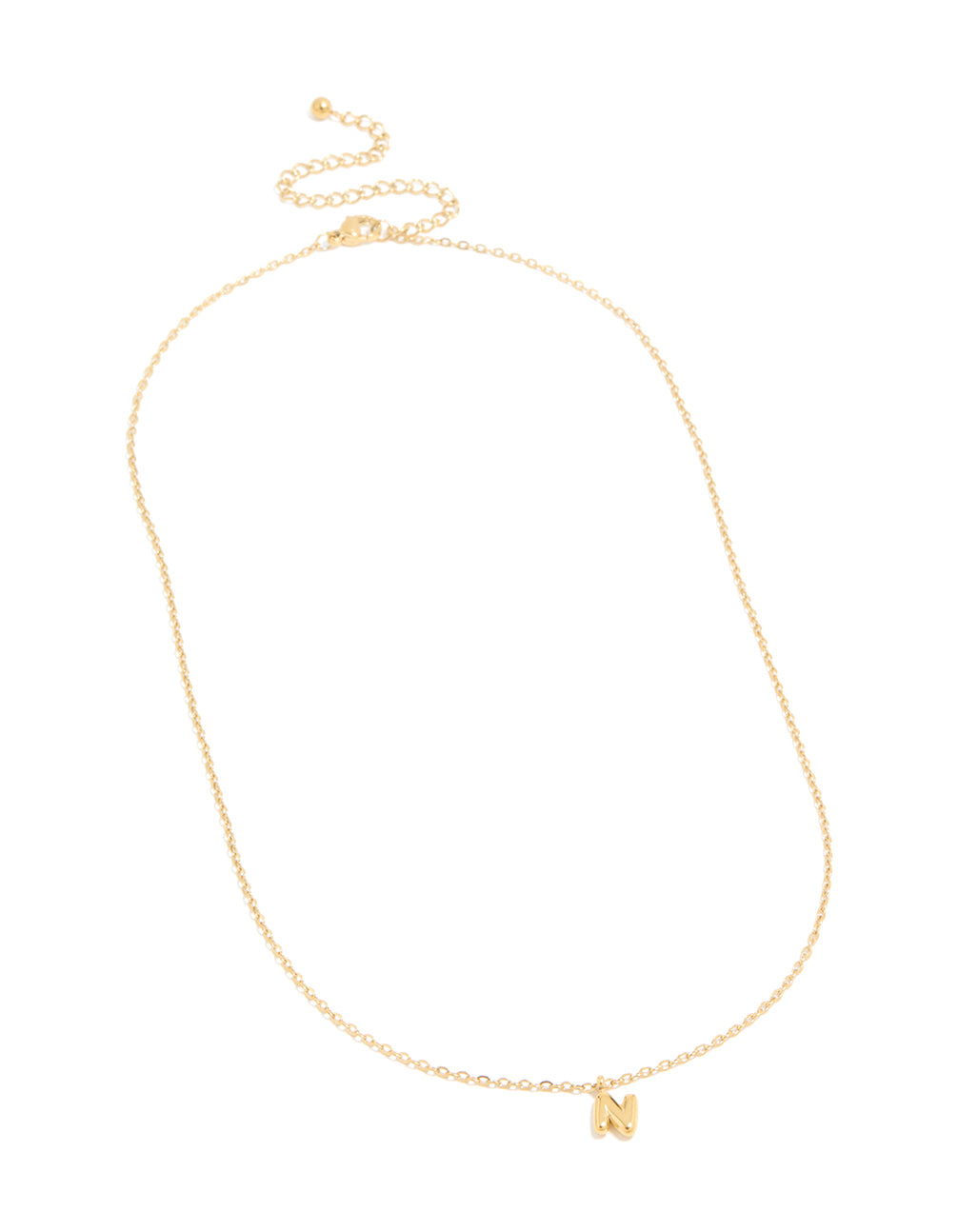 Designed with a waterproof bubble letter N initial pendant in gold plated stainless steel front view