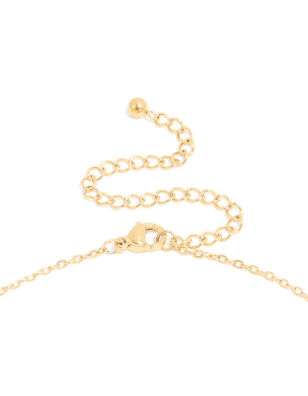 Highlighting a waterproof bubble letter N initial pendant necklace in gold plated stainless steel with adjustable chain clasp detail view