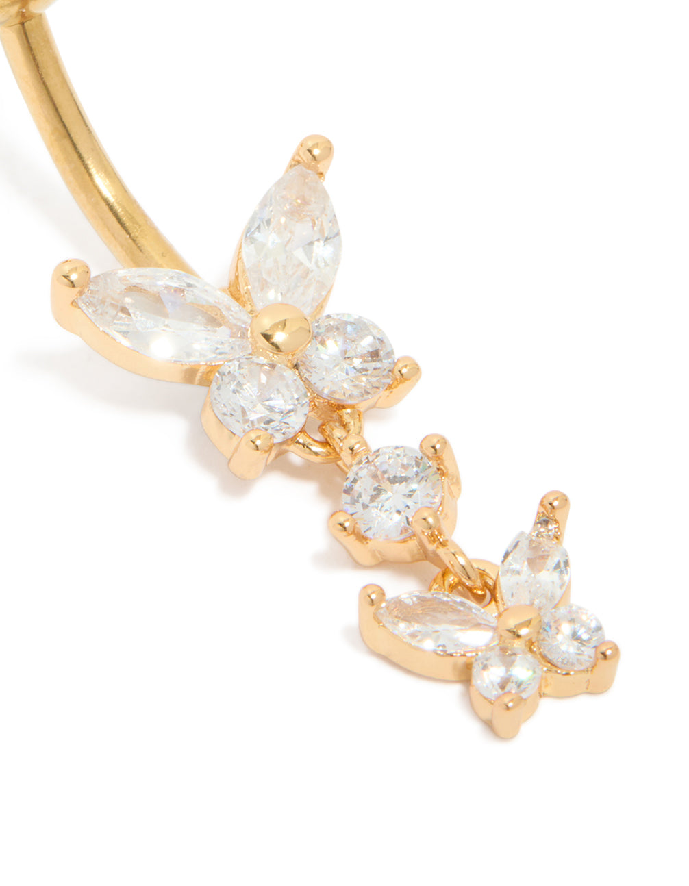 Gold Plated Surgical Steel Cubic Zirconia Double Butterfly Belly Bar