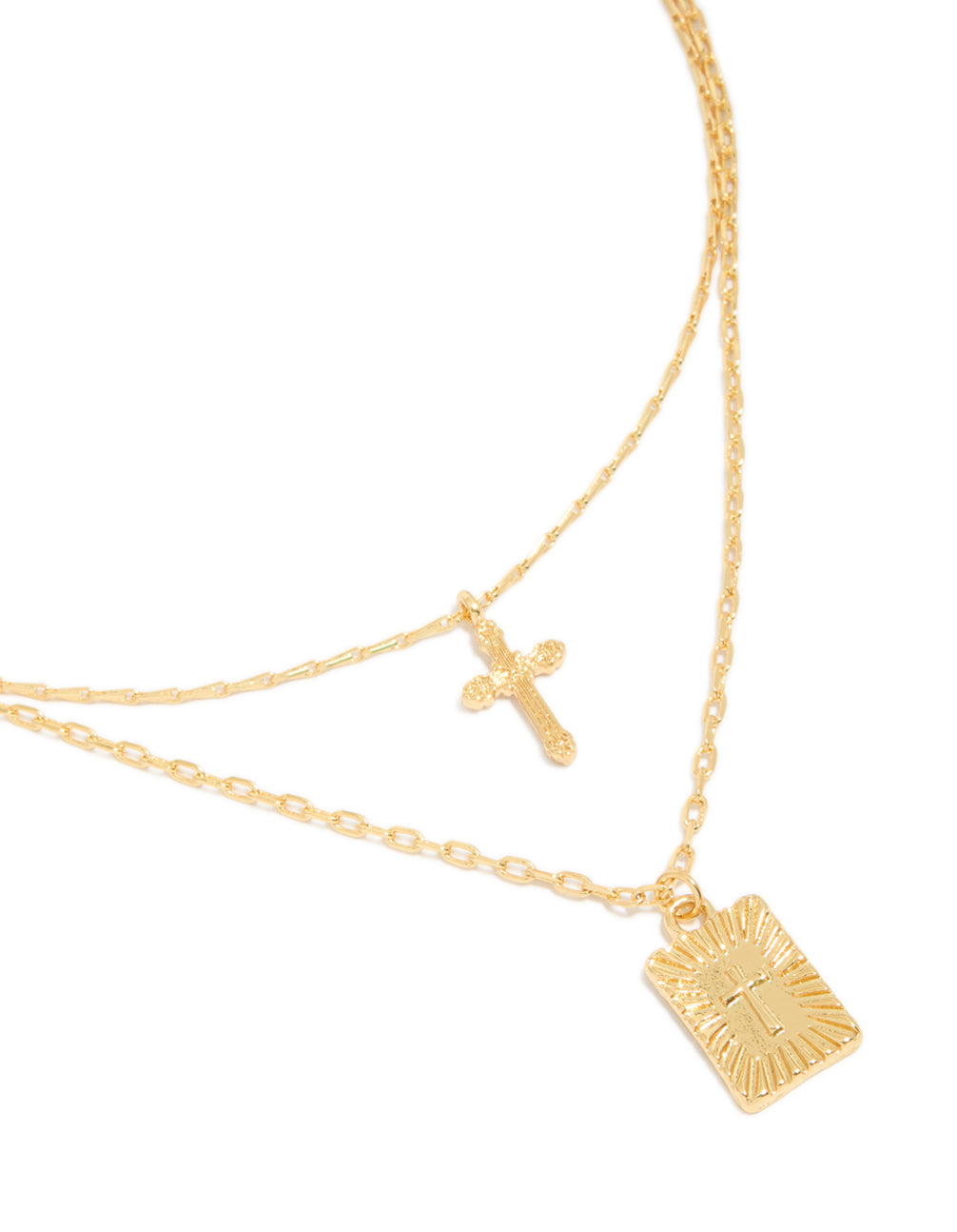 Gold Plated Cross & Rectangle Tab Pendant Layered Necklace