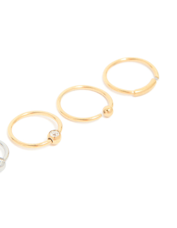 Featuring mixed metal surgical steel open nose rings in a 6-pack with balls, cubic zirconia, gold and silver view