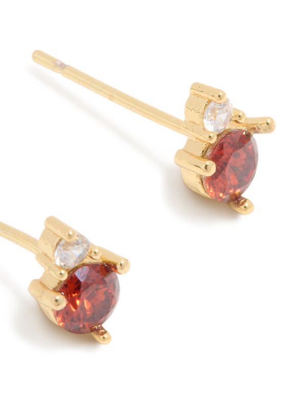 Shop dainty waterproof stainless steel duo stud earrings with gold plated finish and cubic zirconia stones post detail view