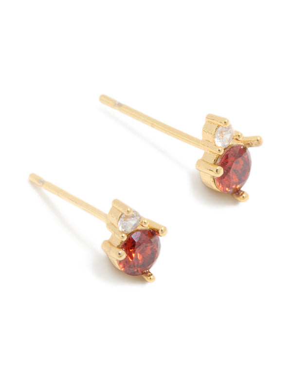 Discover dainty waterproof stainless steel duo stud earrings with gold plated finish and cubic zirconia stones front view
