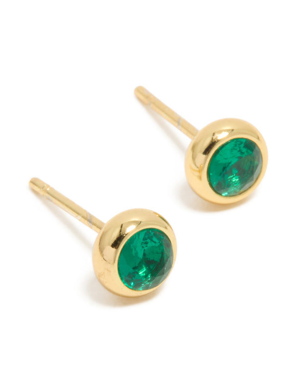 Featuring dainty waterproof stainless steel bezel stud earrings with emerald round cut cubic zirconia in gold plated teal front view