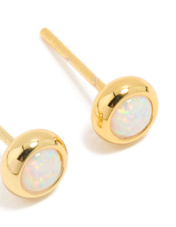 Designed with waterproof gold plated stainless steel opal October birthstone bezel setting and stud closure in white post detail view