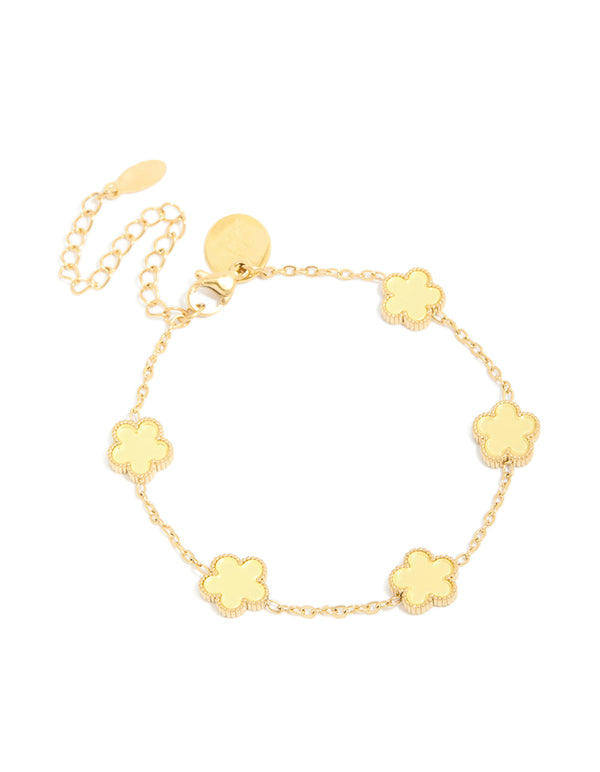 Featuring a waterproof gold plated stainless steel butter yellow flowers charm bracelet in a dainty style front view