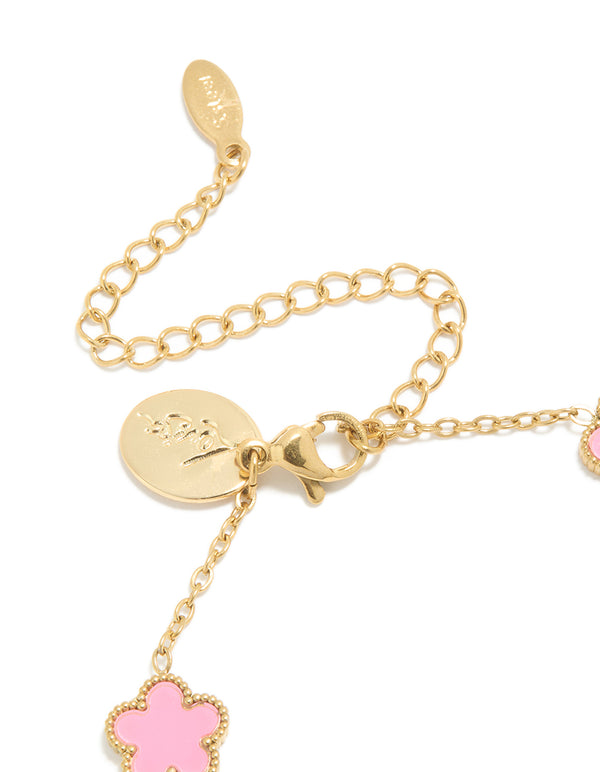 Crafted from waterproof gold plated stainless steel with light pink petal flower charms in dainty style closure detail view