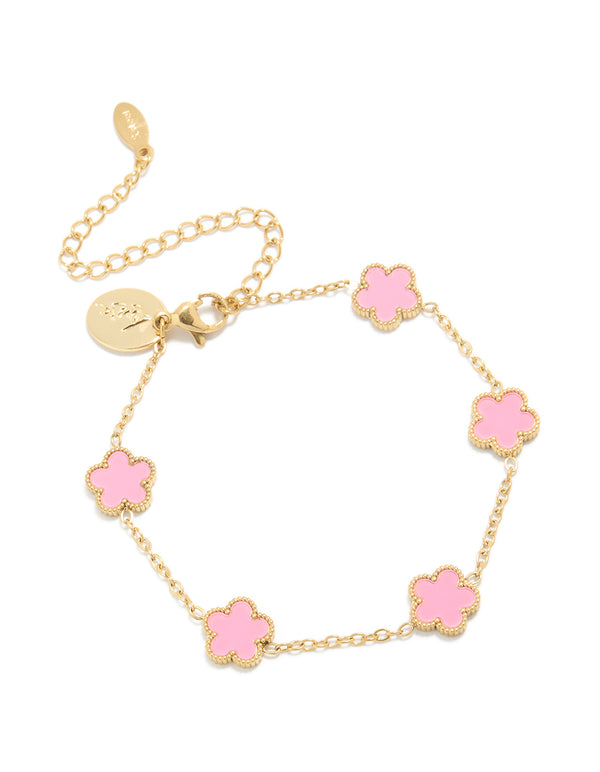 Showcasing a waterproof gold plated stainless steel bracelet with light pink petal flower charm design in dainty style front view