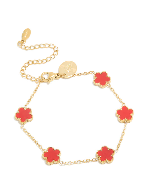 Showcasing a waterproof bracelet crafted from stainless steel with floral petal charms featuring red shell in gold plated finish front view