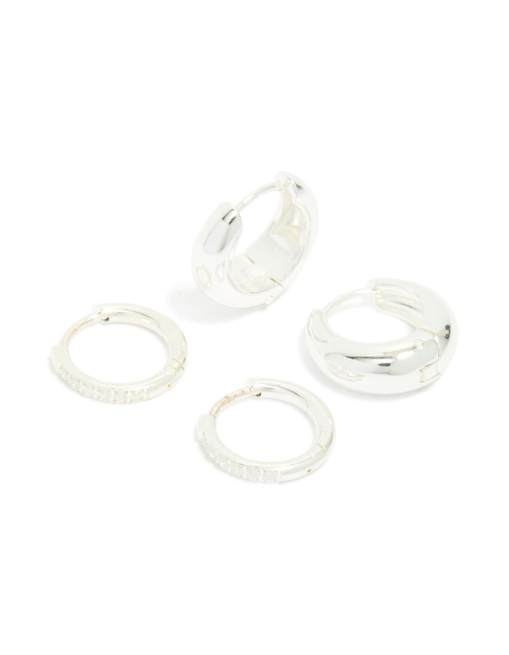 Featuring waterproof stainless steel cubic zirconia and chubby huggie earrings 2-pack with crystal silver chunky front view