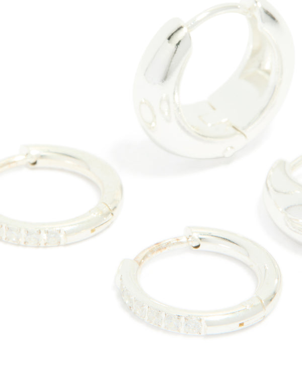 Crafted from waterproof stainless steel cubic zirconia and chubby huggie earrings 2-pack with crystal silver chunky close up view