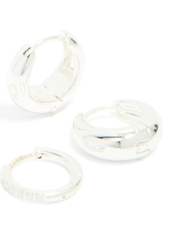 Highlighting waterproof stainless steel cubic zirconia and chubby huggie earrings 2-pack with crystal silver chunky post detail view