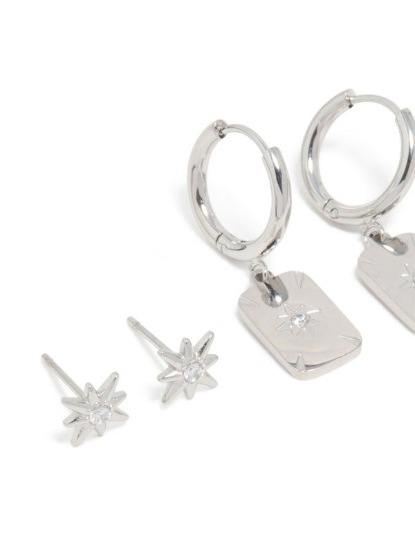 Crafted from waterproof stainless steel star and disc earrings in a 3-pack with celestial featuring stud and huggie closure in silver close up view